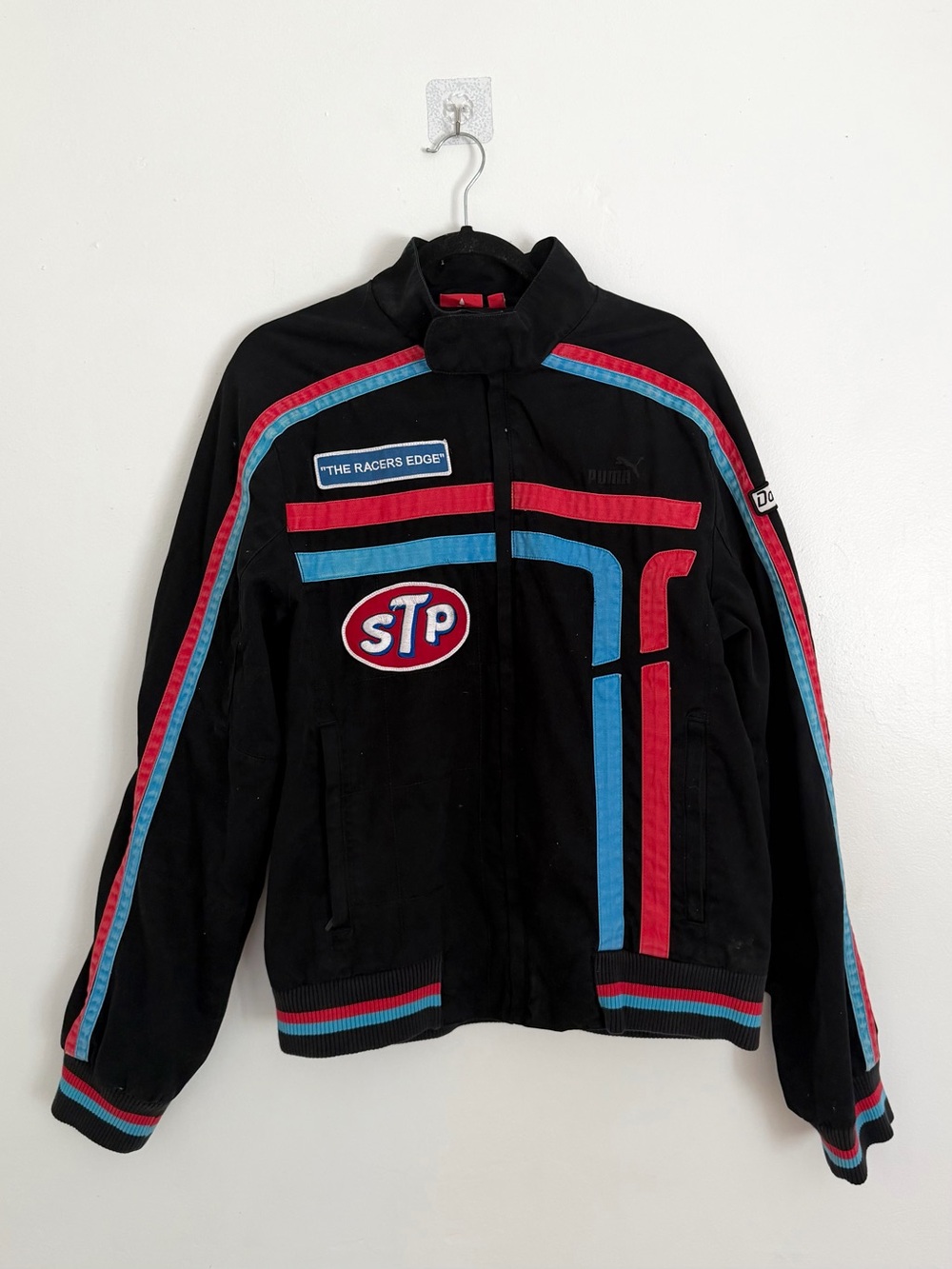 Vintage Puma Dodge Richard Petty Black Racing Jacket STP Logo Red Blue Stripes
